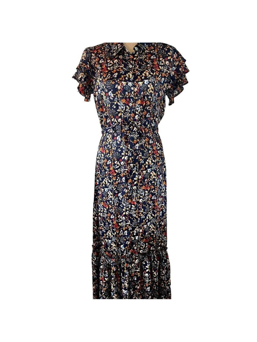 Lovestitch Navy Floral Maxi Dress Flutter Sleeve Button Down Size S Brand New
